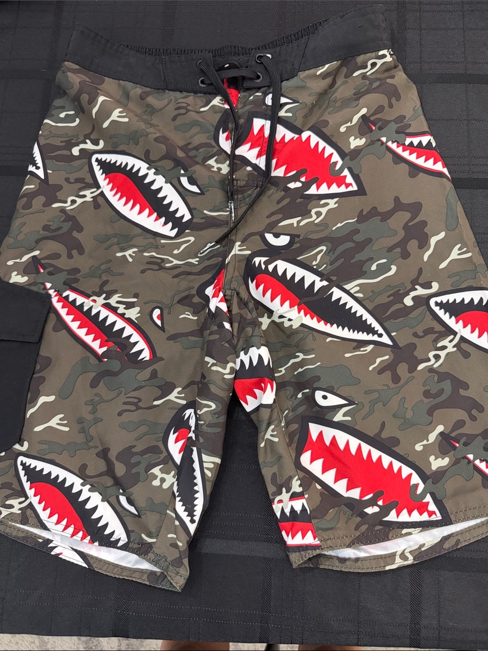 Hang Ten Men's Camo Board Shorts with Red Shark-Mouth Graphics